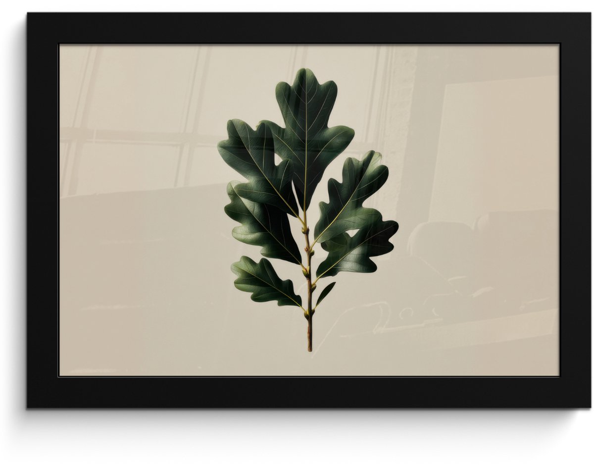 FrameYourWall Poster in lijst - Fotolijst 30x20 cm - Posters - Eikenbladeren - Beige - Groen - Golvende randen - Posterlijst zwart - Decoratie - Wanddecoratie woonkamer - Muurdecoratie slaapkamer