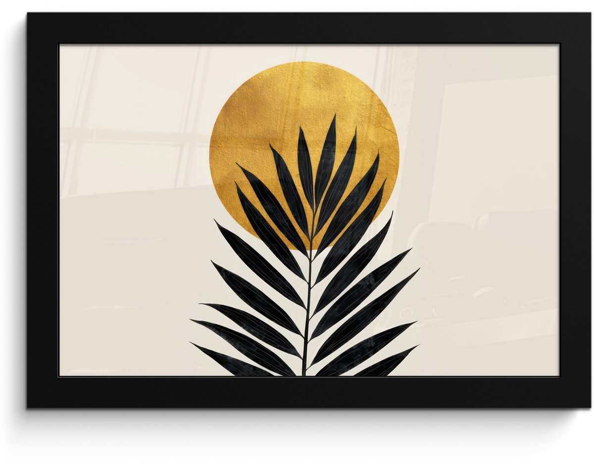 FrameYourWall Poster in lijst - Fotolijst 30x20 cm - Posters - Zwart palmblad - Gouden cirkel - Beige achtergrond - Posterlijst zwart - Decoratie - Wanddecoratie woonkamer - Muurdecoratie slaapkamer Palmblad - Cirkel