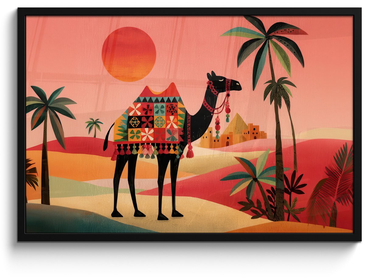 FrameYourWall Poster in lijst - Fotolijst 90x60 cm - Posters - Kameel - Gekleurd tapijt - Duinen - Rode zon - Posterlijst zwart - Decoratie - Wanddecoratie woonkamer - Muurdecoratie slaapkamer Kameel - Duinen - Zon