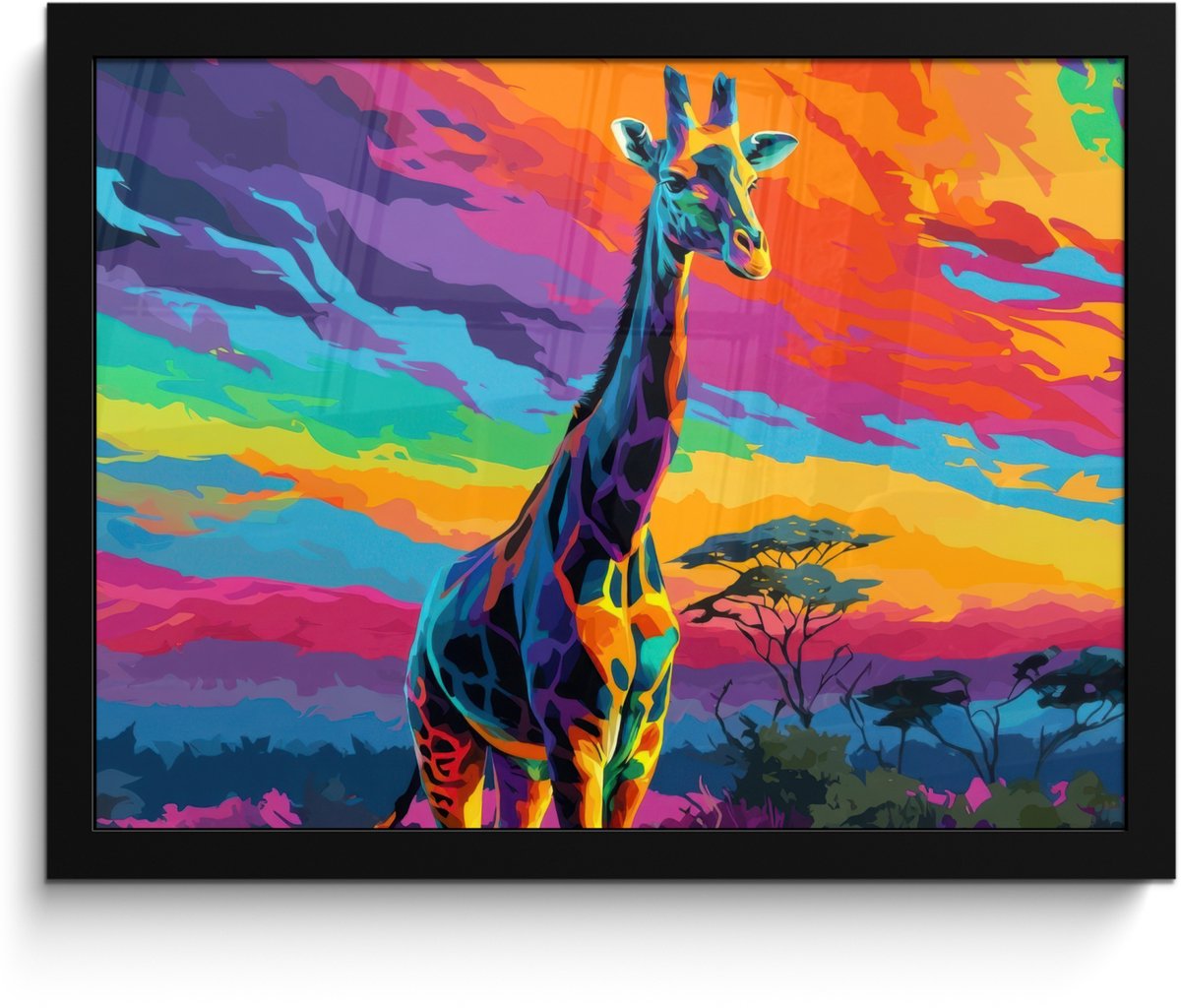 FrameYourWall Poster in lijst - Fotolijst 40x30 cm - Posters - Giraffe - Savanna - Lucht - Gekleurd - Posterlijst zwart - Decoratie - Wanddecoratie woonkamer - Muurdecoratie slaapkamer Giraffe - Kleurrijk