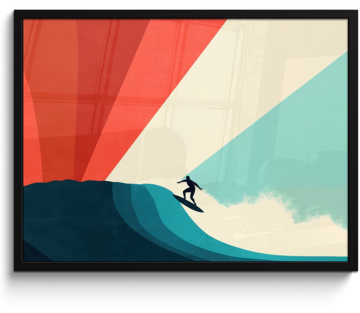 FrameYourWall Poster in lijst - Fotolijst 80x60 cm - Posters - Surfer - Abstract - Golven - Zonnestralen - Posterlijst zwart - Decoratie - Wanddecoratie woonkamer - Muurdecoratie slaapkamer - Kerstversiering - Kerstdecoratie voor binnen - Kerstmis