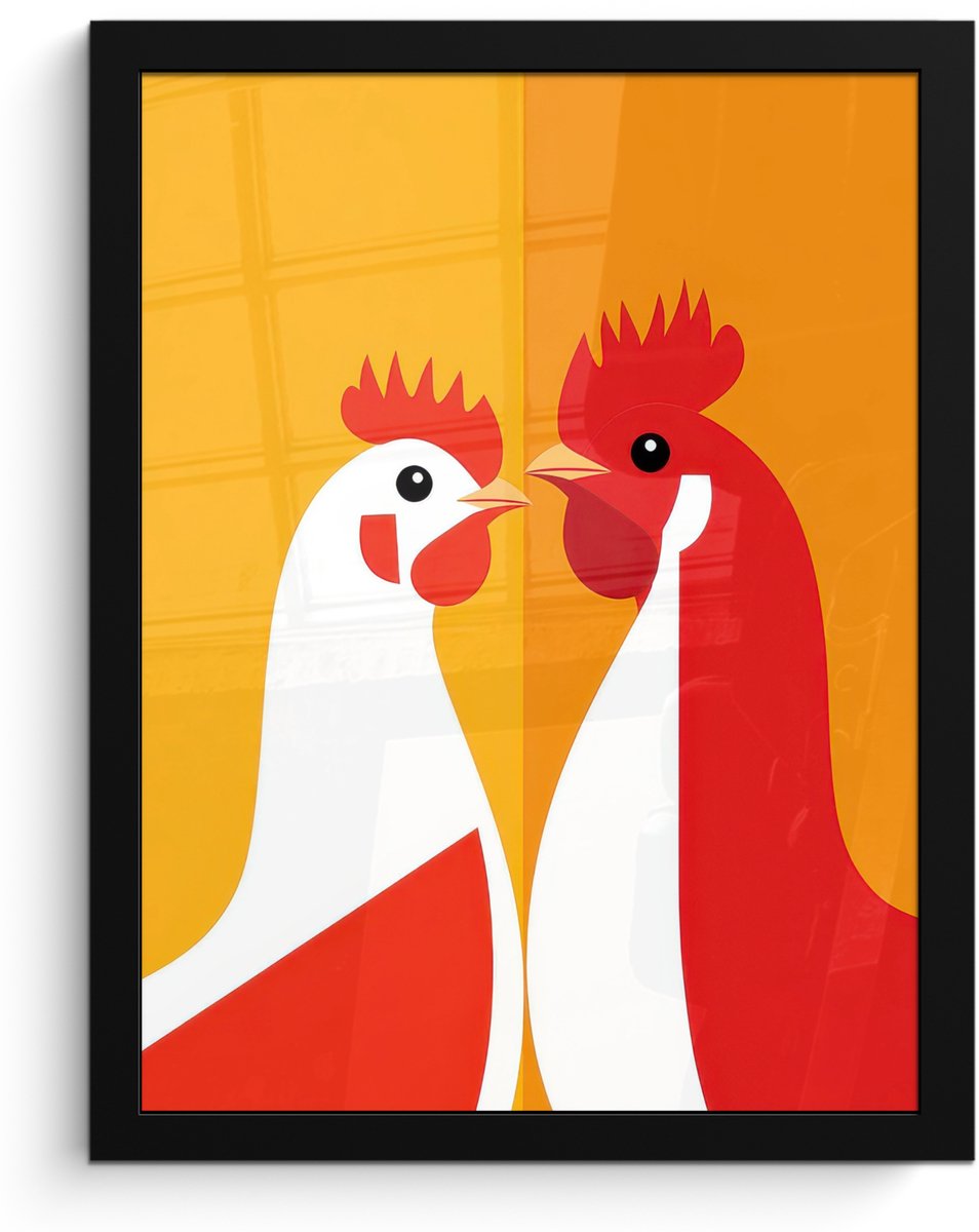 FrameYourWall Poster in lijst - Fotolijst 30x40 cm - Posters - Kippen - Oranje - Vlakken - Posterlijst zwart - Decoratie - Wanddecoratie woonkamer - Muurdecoratie slaapkamer