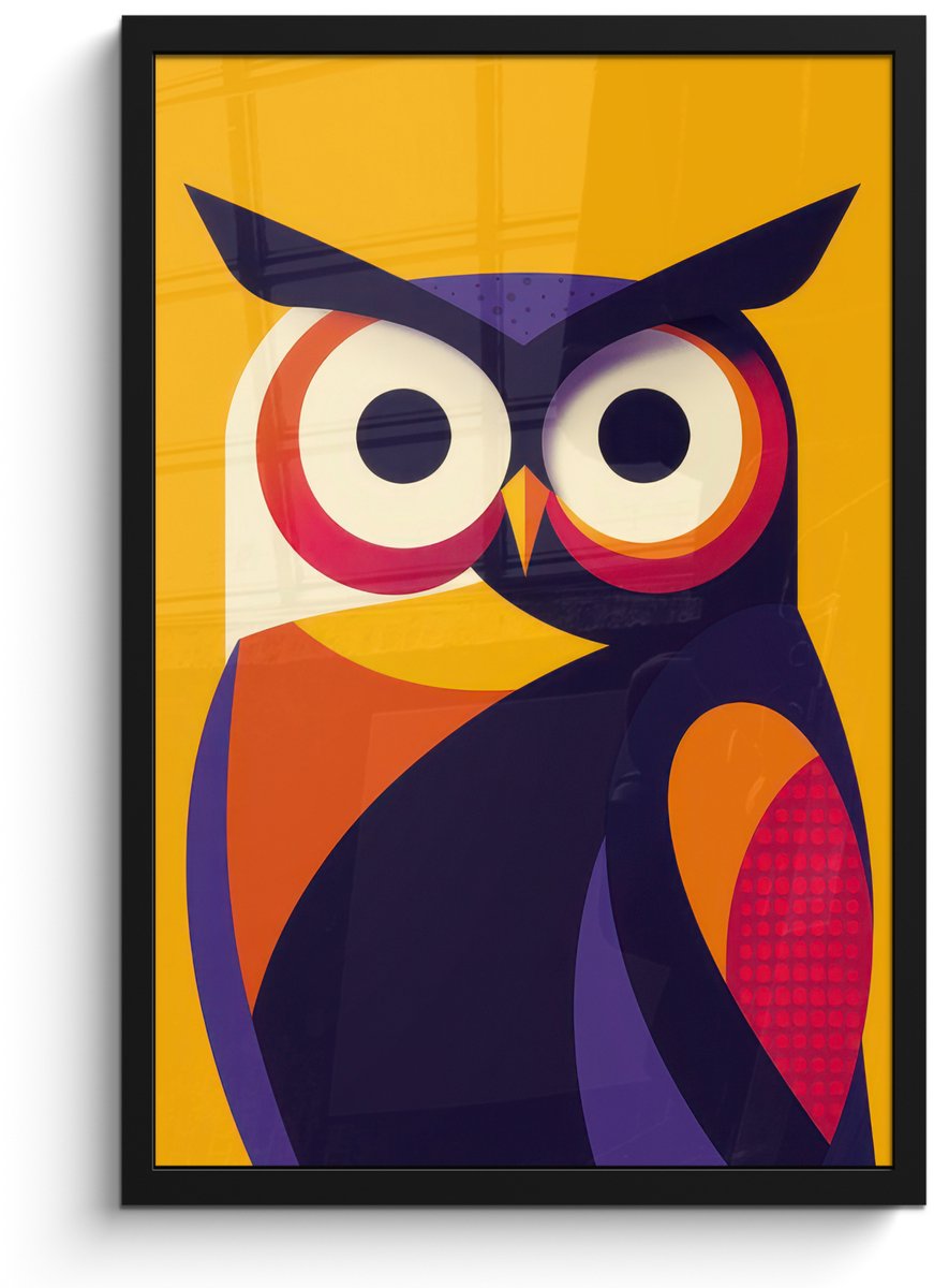 FrameYourWall Poster in lijst - Fotolijst 40x60 cm - Posters - Uil - Grafisch - Kleurrijk - Ogen - Posterlijst zwart - Decoratie - Wanddecoratie woonkamer - Muurdecoratie slaapkamer Uil - Ogen