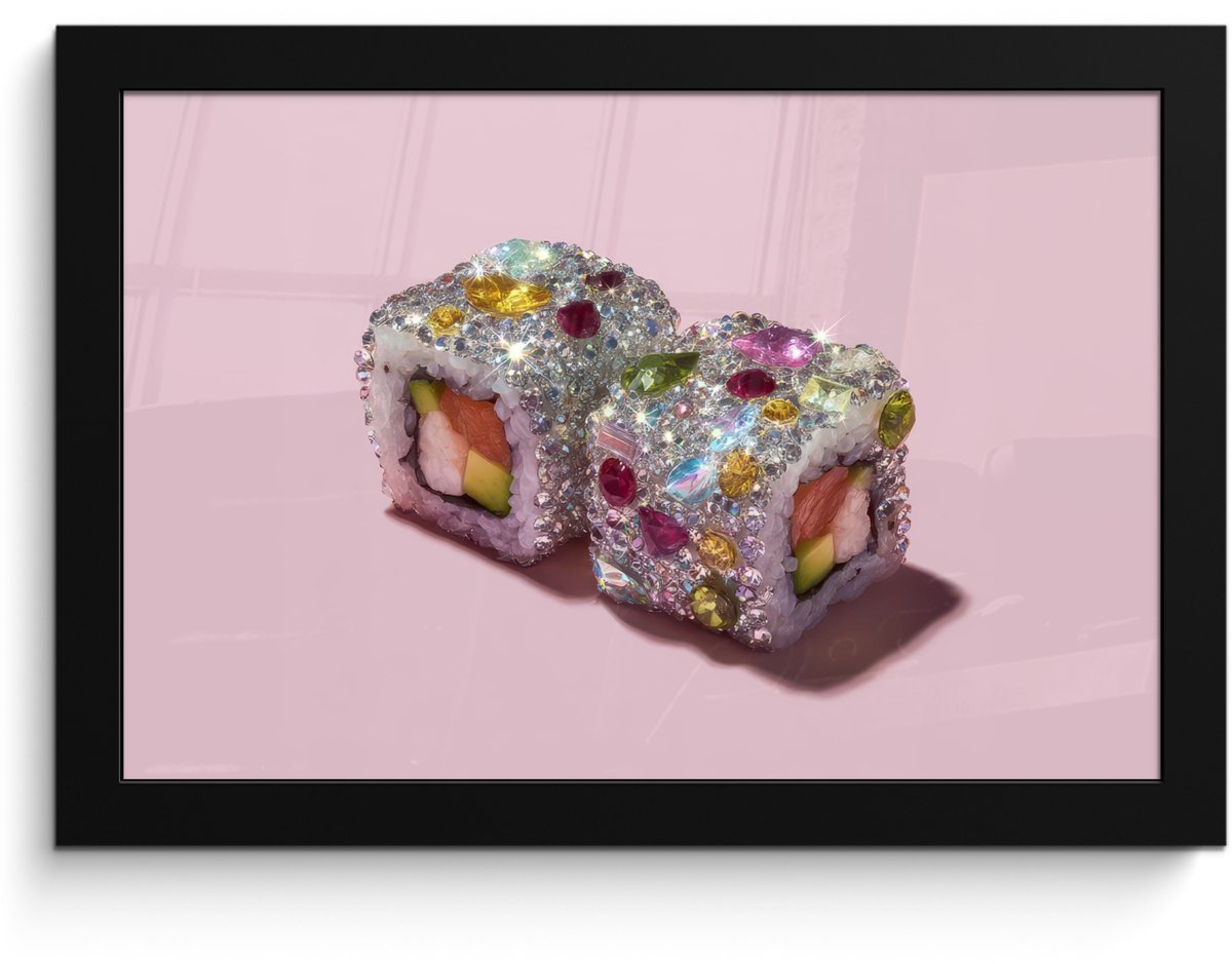 FrameYourWall Poster in lijst - Fotolijst 30x20 cm - Posters - Sushi - Rolletjes - Steentjes - Kleurrijk - Posterlijst zwart - Decoratie - Wanddecoratie woonkamer - Muurdecoratie slaapkamer Sushi - Steentjes - Kleurrijk
