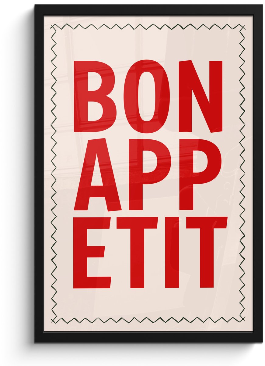 FrameYourWall Poster in lijst - Fotolijst 40x60 cm - Posters - Blokletters - Rood - Kartelrand - Posterlijst zwart - Decoratie - Wanddecoratie woonkamer - Muurdecoratie slaapkamer Blokletters - Bonappetit