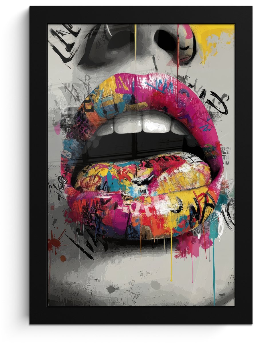 FrameYourWall Poster in lijst - Fotolijst 20x30 cm - Posters - Lippen - Graffiti - Expressief - Posterlijst zwart - Decoratie - Wanddecoratie woonkamer - Muurdecoratie slaapkamer