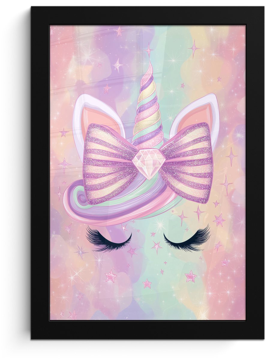 FrameYourWall Poster in lijst - Fotolijst 20x30 cm - Posters - Eenhoorn - Glitters - Regenboog - Pastel - Posterlijst zwart - Decoratie - Wanddecoratie woonkamer - Muurdecoratie slaapkamer