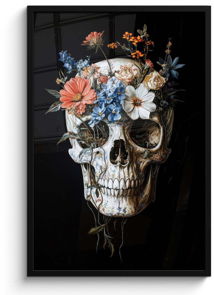 FrameYourWall Poster in lijst - Fotolijst 60x90 cm - Posters - Bloemen - Schedel - Kleurrijk - Posterlijst zwart - Decoratie - Wanddecoratie woonkamer - Muurdecoratie slaapkamer