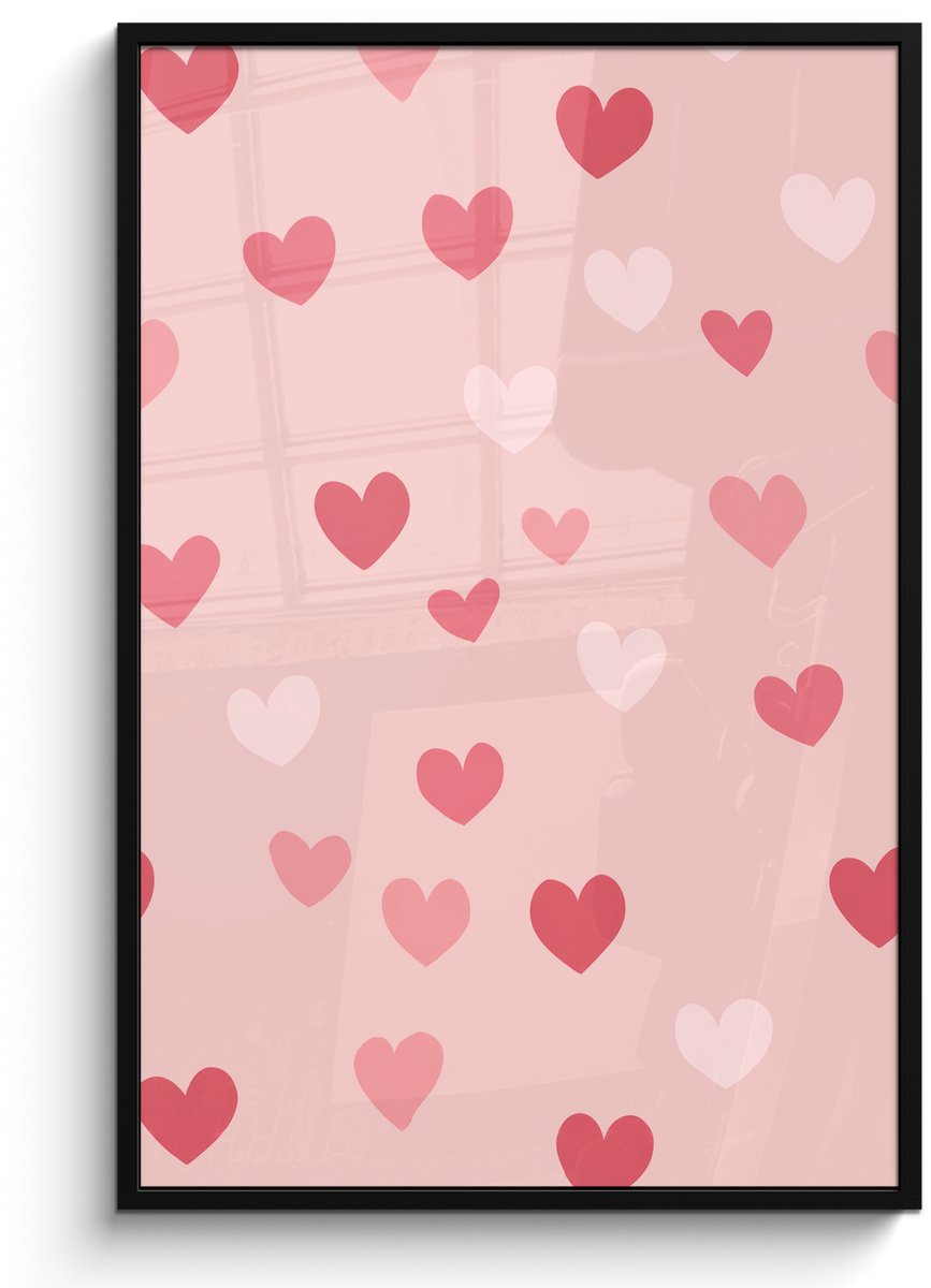 FrameYourWall Poster in lijst - Fotolijst 80x120 cm - Posters - Hartjes - Patroon - Roze - Eenvoudig - Posterlijst zwart - Decoratie - Wanddecoratie woonkamer - Muurdecoratie slaapkamer