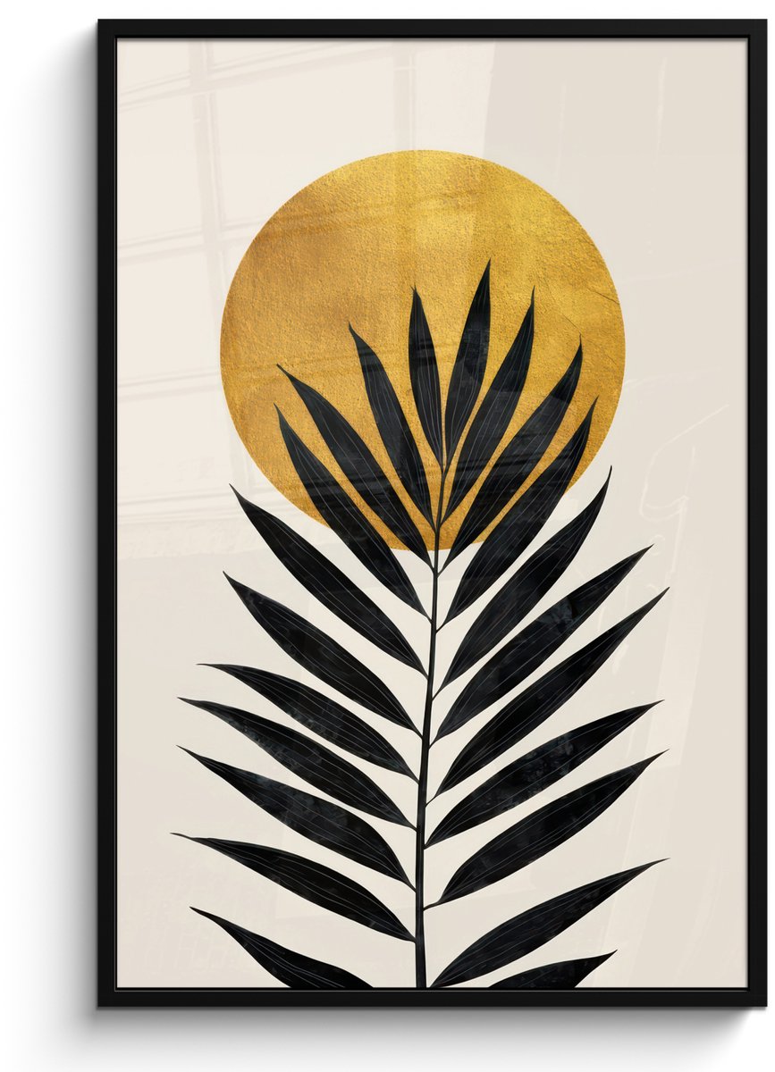 FrameYourWall Poster in lijst - Fotolijst 80x120 cm - Posters - Zwart palmblad - Gouden cirkel - Beige achtergrond - Posterlijst zwart - Decoratie - Wanddecoratie woonkamer - Muurdecoratie slaapkamer Palmblad - Cirkel