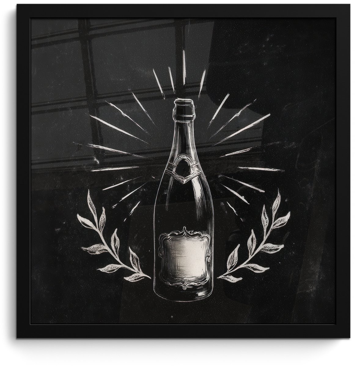 FrameYourWall Poster in lijst - Fotolijst 40x40 cm - Posters - Champagnefles - Lauriertakken - Zwarte achtergrond - Posterlijst zwart - Decoratie - Wanddecoratie woonkamer - Muurdecoratie slaapkamer
