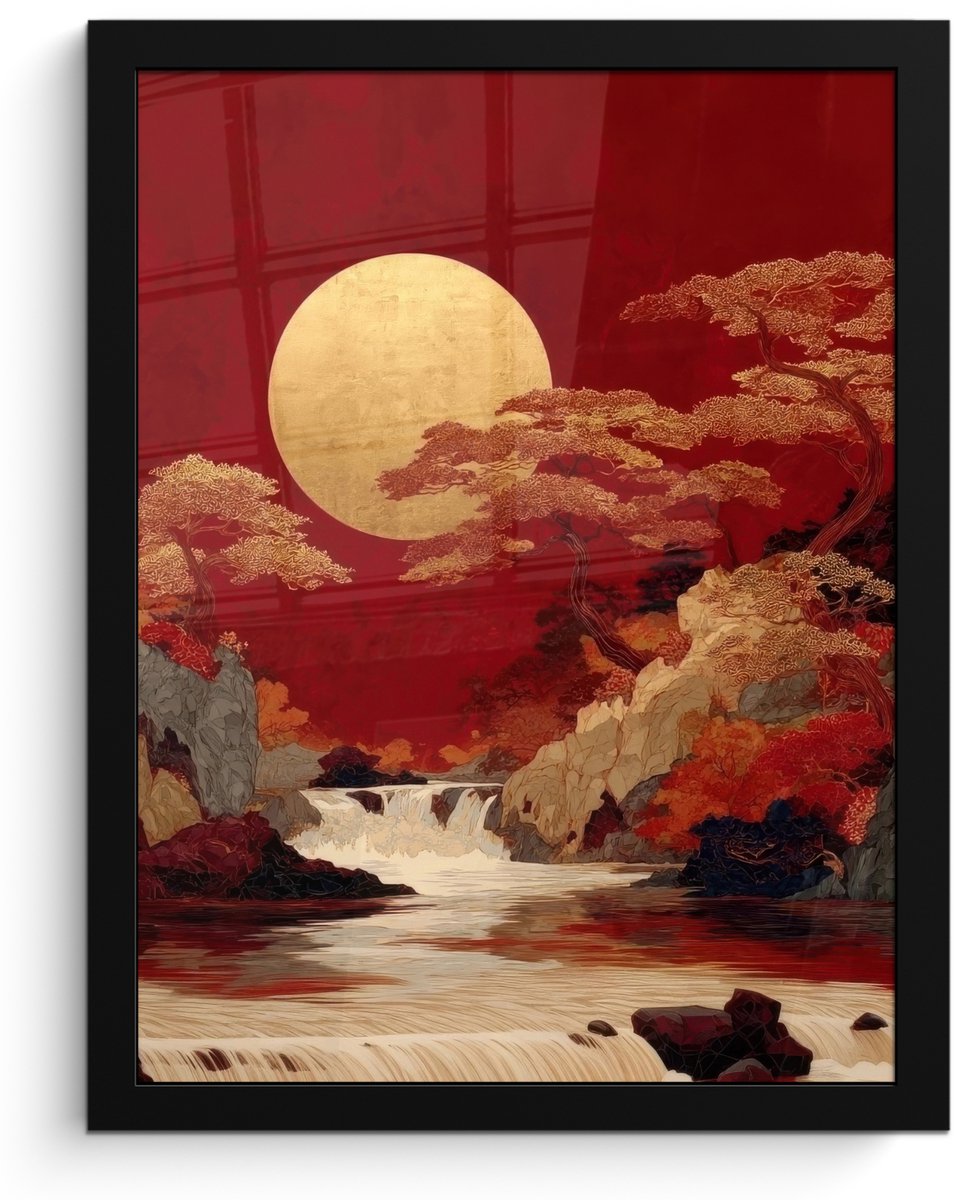 FrameYourWall Poster in lijst - Fotolijst 30x40 cm - Posters - Volle maan - Landschap - Waterval - Posterlijst zwart - Decoratie - Wanddecoratie woonkamer - Muurdecoratie slaapkamer