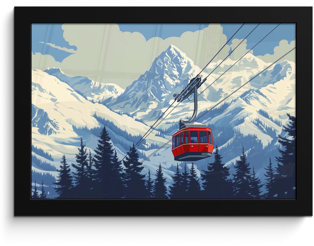 FrameYourWall Poster in lijst - Fotolijst 30x20 cm - Posters - Kabelbaan - Sneeuw - Berglandschap - Posterlijst zwart - Decoratie - Wanddecoratie woonkamer - Muurdecoratie slaapkamer Kabelbaan - Bergen - Sneeuw