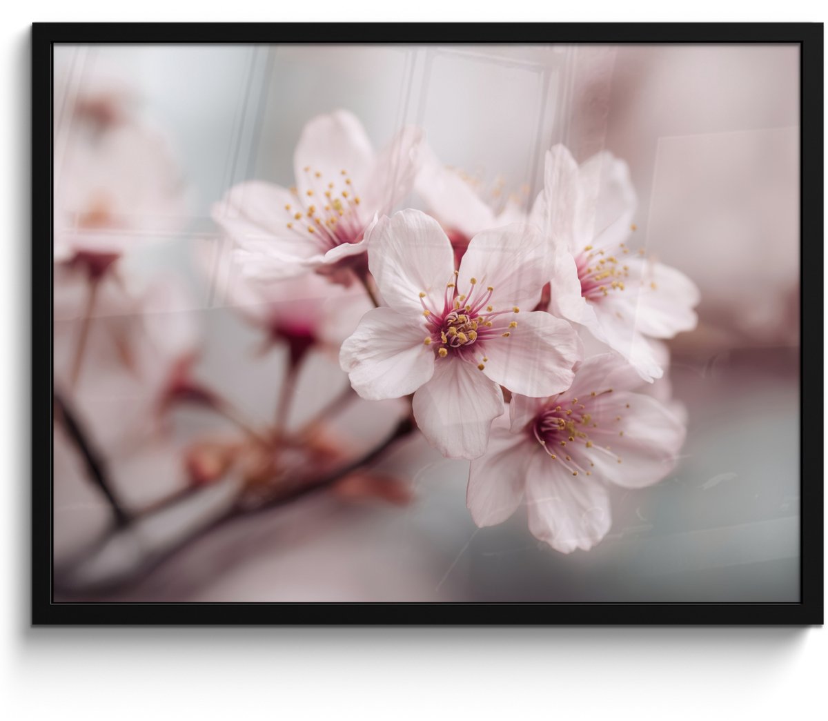 FrameYourWall Poster in lijst - Fotolijst 80x60 cm - Posters - Bloesems - Meeldraden - Geel - Wazig - Posterlijst zwart - Decoratie - Wanddecoratie woonkamer - Muurdecoratie slaapkamer