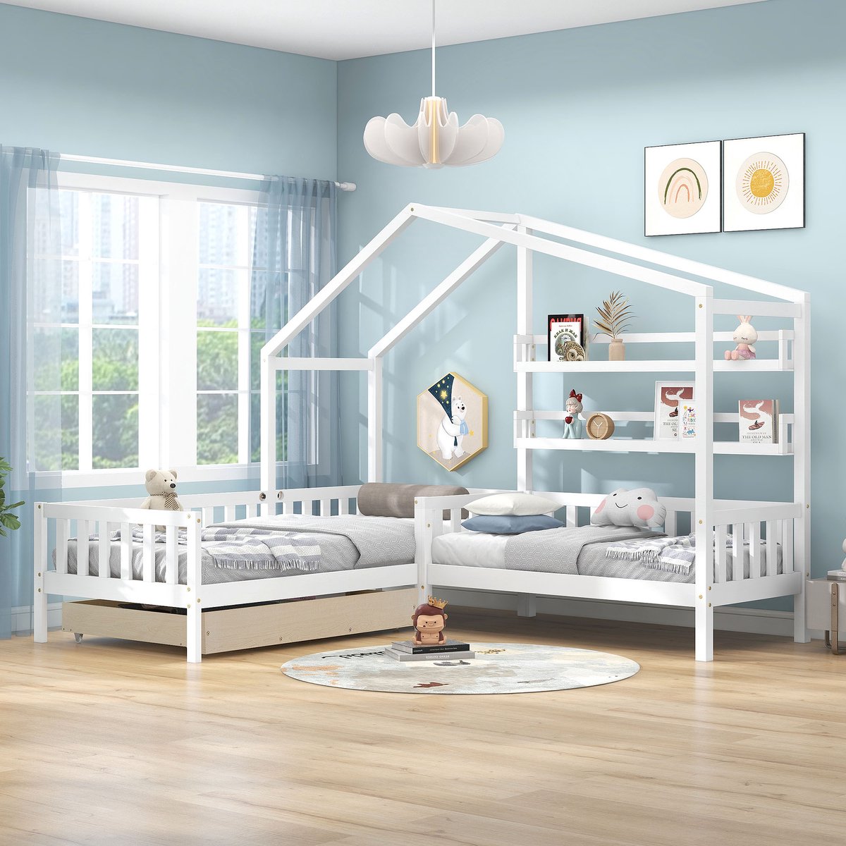 Kinderbed Huisbed - 90x200 cm + 140x70 cm - Massief hout - Met laden en planken - L-vorm m