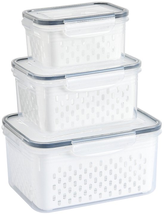 JeiibrZui Fruit- en groentebewaardozen - Luchtdichte fruitbewaardozen met uitneembare snackmand - 3-pack - Universeel wit