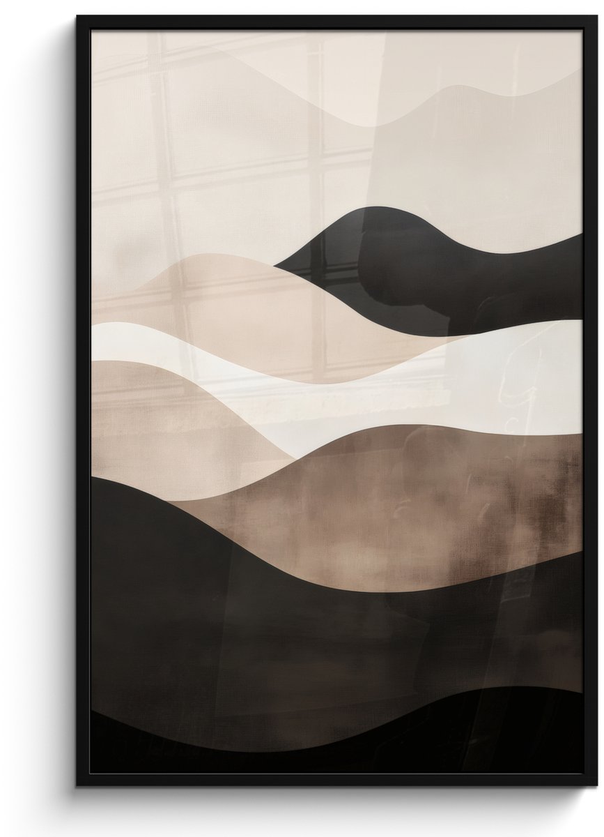 FrameYourWall Poster in lijst - Fotolijst 80x120 cm - Posters - Abstract - Landschap - Golven - Crèmekleur - Posterlijst zwart - Decoratie - Wanddecoratie woonkamer - Muurdecoratie slaapkamer Golven - Abstract - Crèmekleur