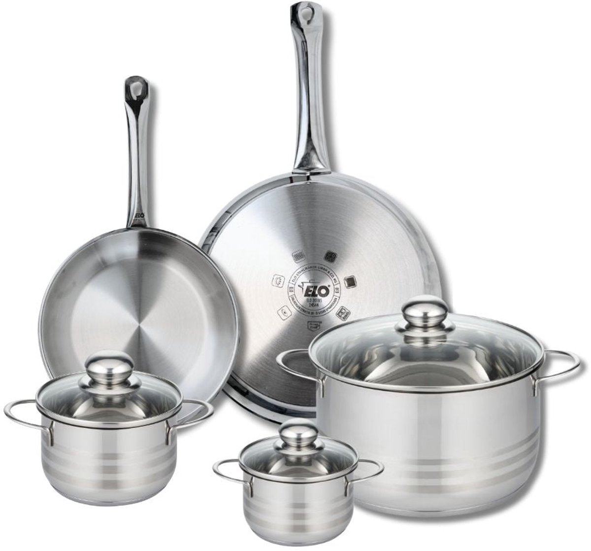 Set van 2 Koekenpannen 24 en 28 cm en 3 Kookpotten 12, 14 en 24 cm Elo Profi Brillant