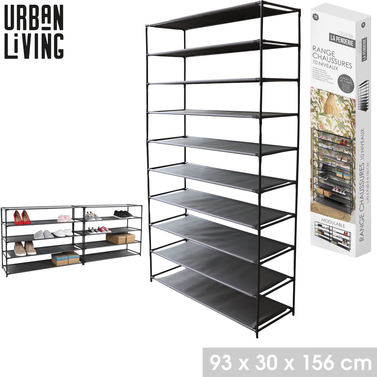 Urban Living DE KLEDINGKAST" SCHOENENREK MET 10 LAGEN 93X30XH156CM zwart