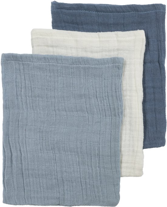 Meyco Baby Uni Pre-washed Hydrofiele Washandjes - Pre-washed Hydrofiel - Natural/Jeans Blue/Indigo - 20x17cm - 3-pack
