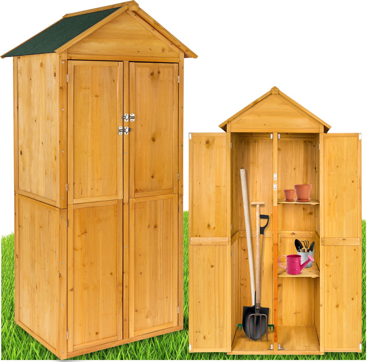 tectake® Houten Tuinkast - Buitenkast met Bitumen Dak - 80,5 x 60 x 213,5 cm - Opbergkast 