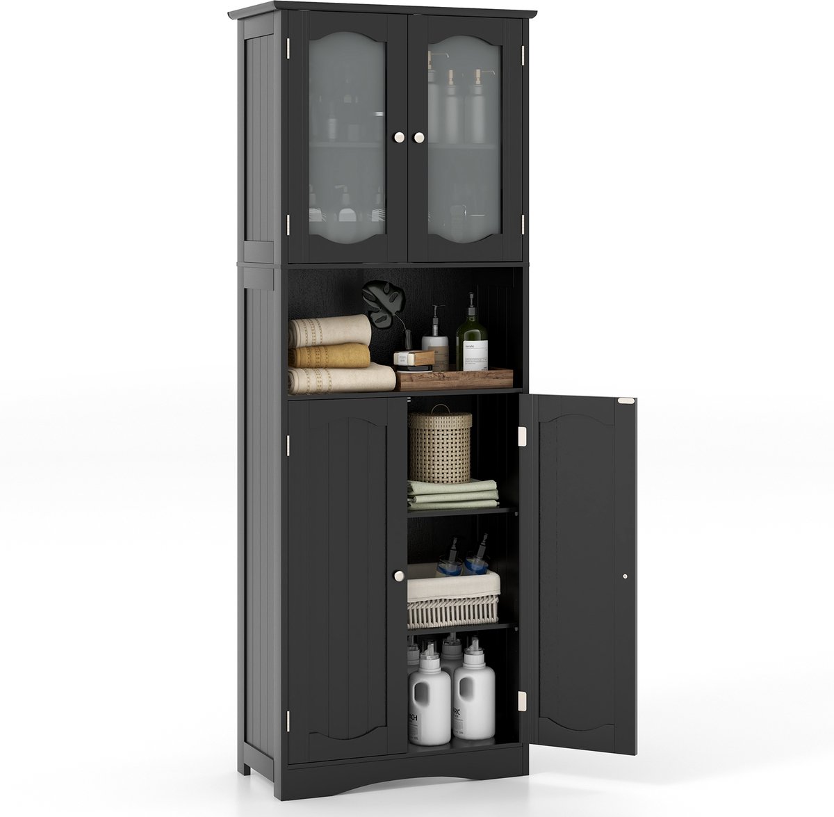 COSTWAY Badkamerkast, vrijstaande hoge kast met 4 deuren, open vak en verstelbare plank, badkamerkast met kantelbeveiliging voor woonkamer, badkamer, keuken (zwart)