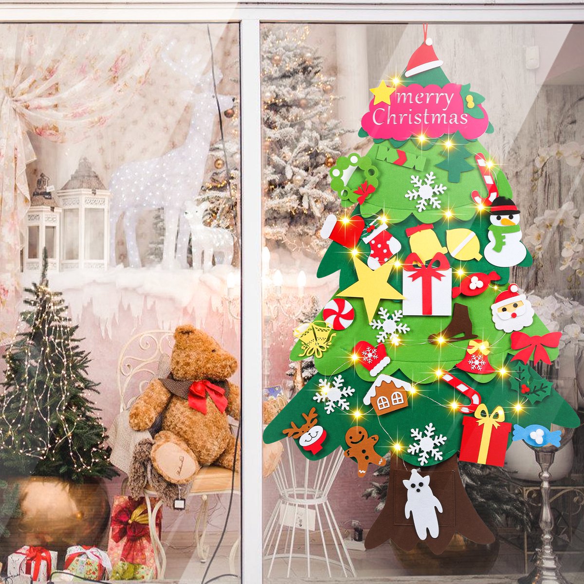 Vilten kerstboom, wandversiering voor de feestdagen, voor op de voordeur, wand, kerstdecoratie, DHZ, vilten kerstboom met 33 stuks afneembare ornamenten, met verlichting – foto 5