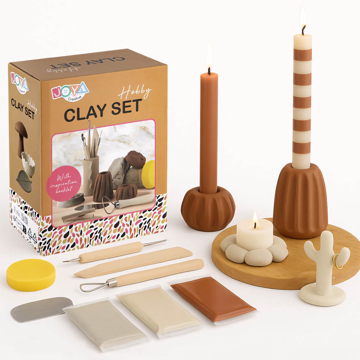 Boetseerklei Volwassenen Set - 13pcs - Home Deco Pakket Volwassenen - Luchthardende Klei in Natuurtinten - Boetseerklei Gereedschap - Inspiratieboek inbegrepen - Home Deco Knutselpakket voor Volwassenen - Joya Creative