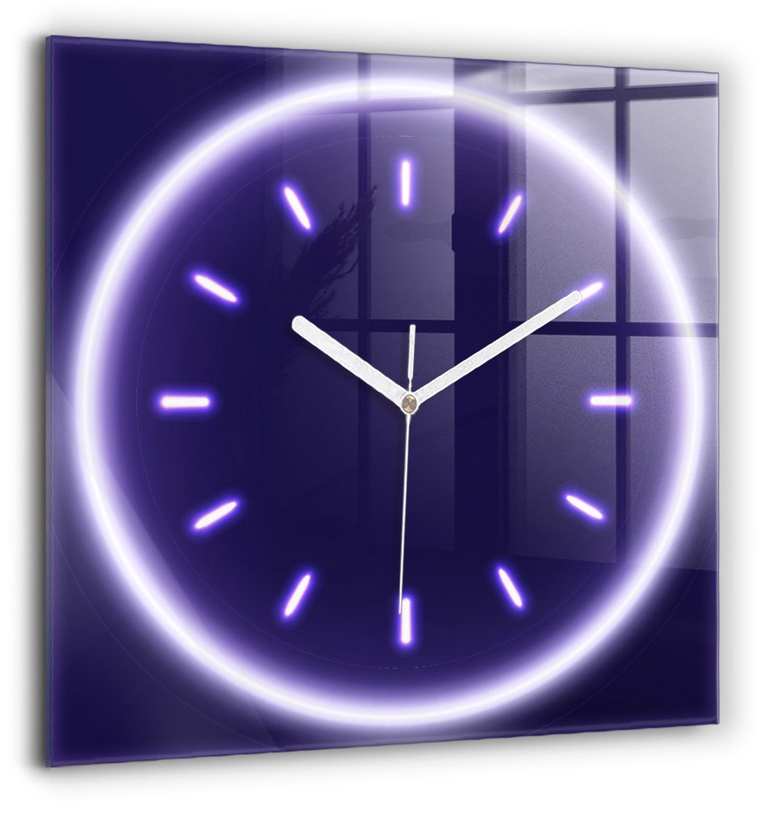 Wallfluent Wandklok - Neonlijnen Klok met Afbeelding - 60 cm x 60 cm - Paars Wandklok - Witte Handen - Klok zonder getallen - Kinder Wandklok Glas - Unieke Wandklok - Minimalistische Klok - Klok als Muurdecoratie