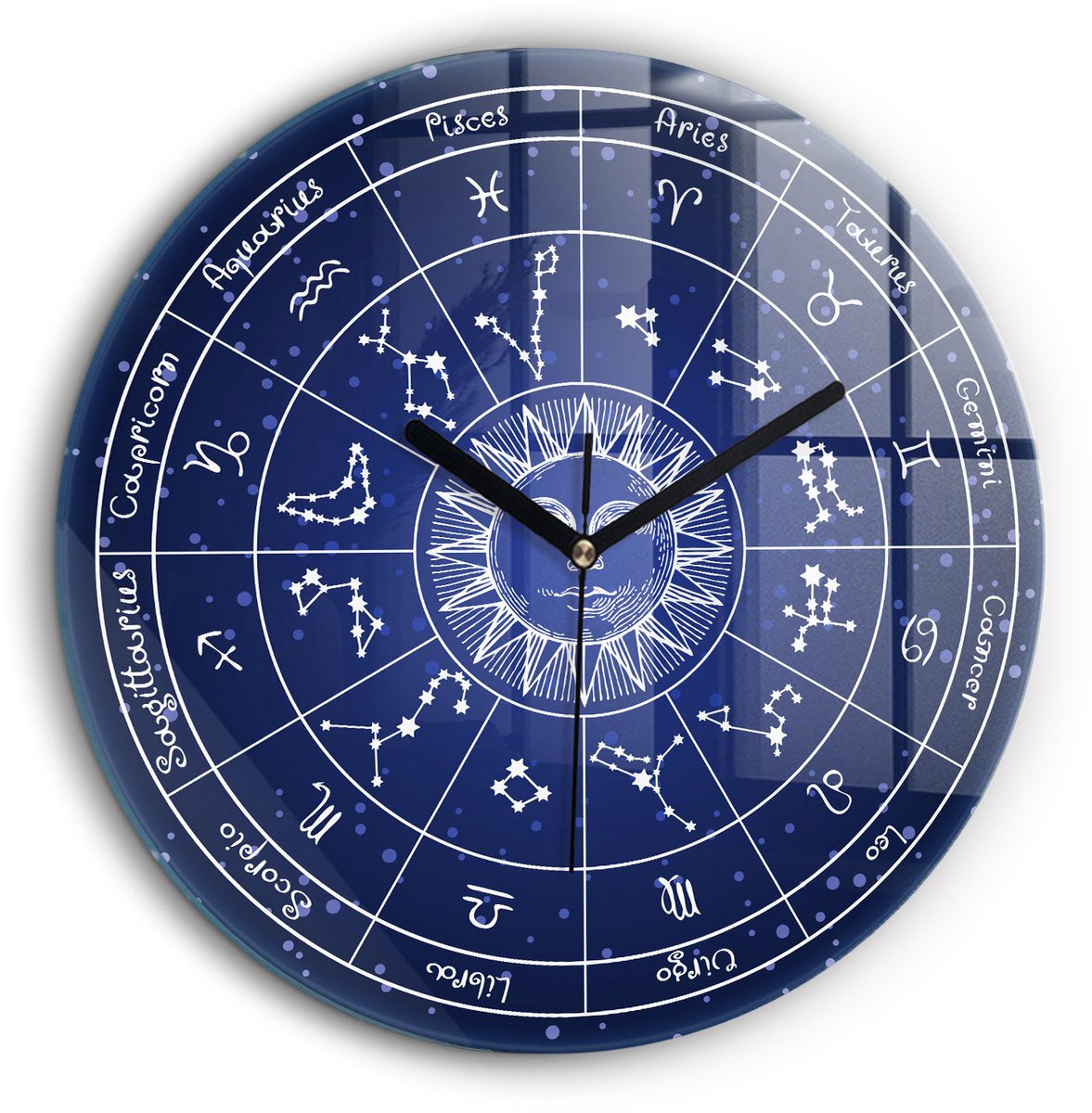 Wallfluent Wandklok - Dierenriemconstellaties Stijlvolle Klok - 60 cm x 60 cm - Blauw Wandklok - Zwarte Handen - Klok zonder getallen - Wandklok voor in de Keuken - Unieke Wandklok - Minimalistische Klok - Klok met Afbeelding