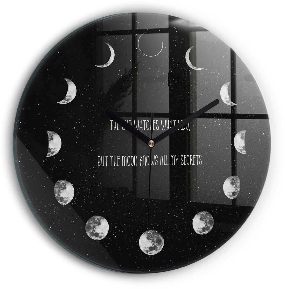 Wallfluent Wandklok - Maanfasen en inscriptie Klok met Afbeelding - 30 cm x 30 cm - Zwart Wandklok - Zwarte Handen - Klok zonder getallen - Kinder Wandklok Glas - Klok met Print - Kunstzinnige Klok - Klok als Muurdecoratie