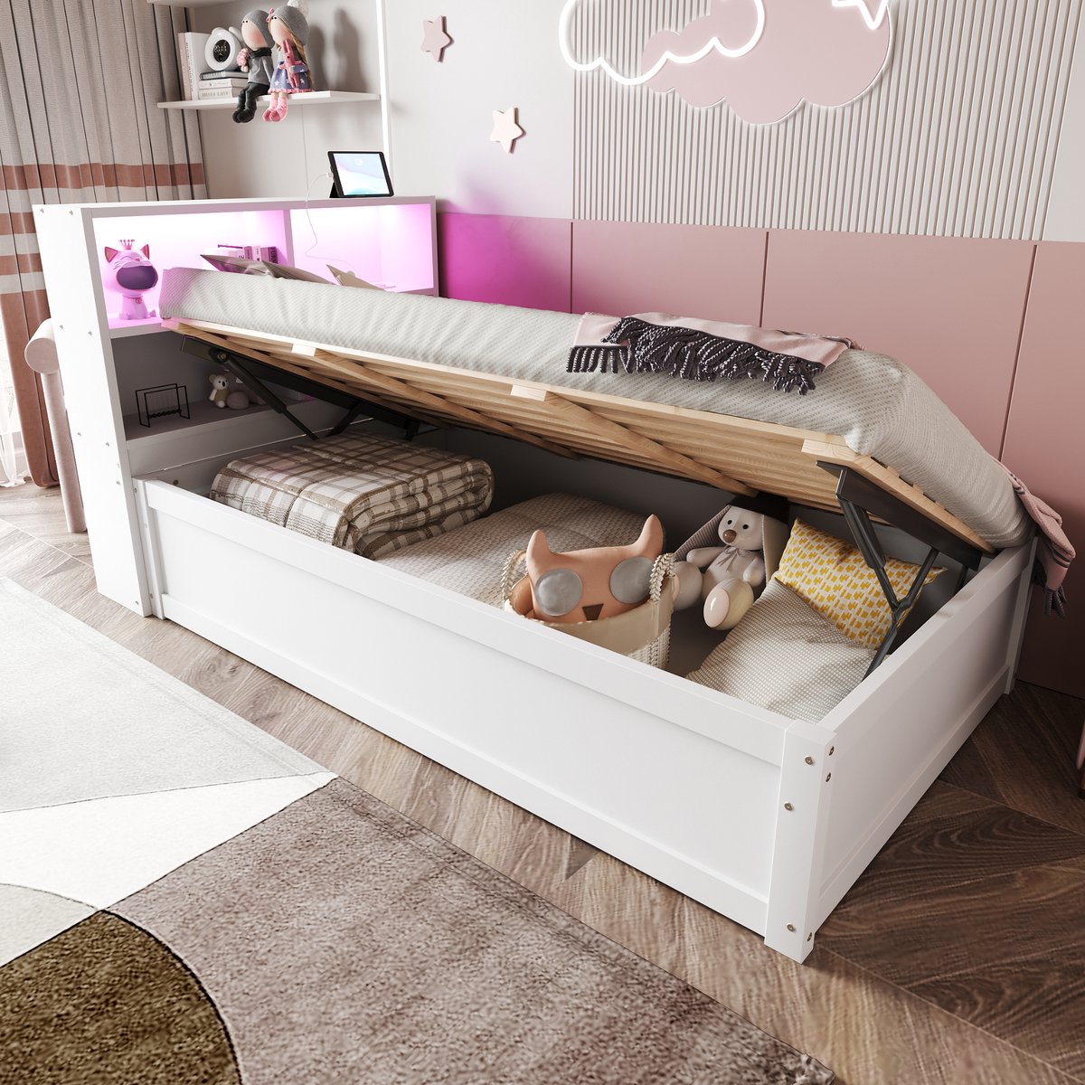 Merax Bed 90 x 200 cm met stopcontact en opbergvak met LED-verlichting - met opbergruimte - eenpersoonsbed - wit - zonder matras