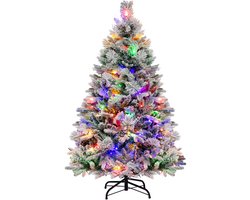 COSTWAY 135 cm Kunstkerstboom met verlichting 160 LEDs en sneeuw en kegels - dennenboom met 8 lichtmodi - Kunststof Kerstboom - met 472 PE & PVC takken - wit