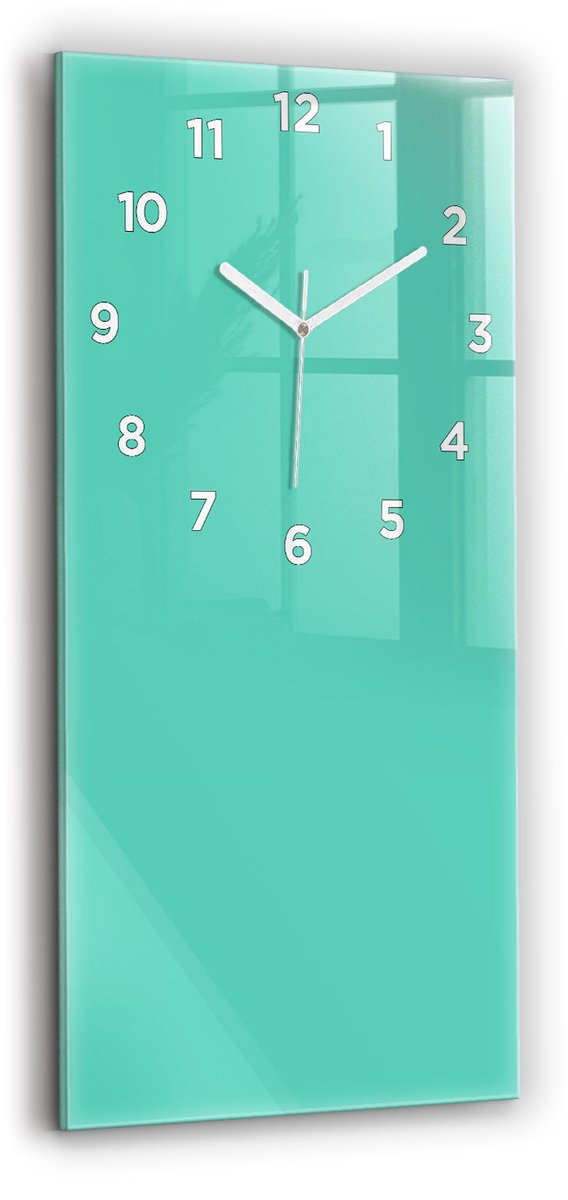 Wallfluent Wandklok - Turkoois Rechthoekige Glas Klok - 30 cm x 60 cm - Turkoois Wandklok - Witte Handen - Wandklok Met Cijfers - Wandklok Glas Woonkamer - Rechthoekige Glazen Wandklok - Scandinavisch Wandklok - Glazen Klok Rechthoekige