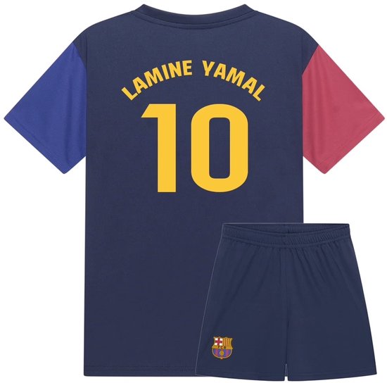 FC Barcelona tenue met donkerblauwe shirt en shorts. Rug met 'LAMINE YAMAL 10'.