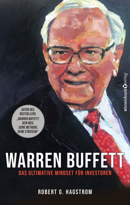 Schilderij van Warren Buffett met bril en rode das. "WARREN BUFFETT DAS ULTIMATIVE MINDSET FÜR INVESTOREN" staat onderaan.