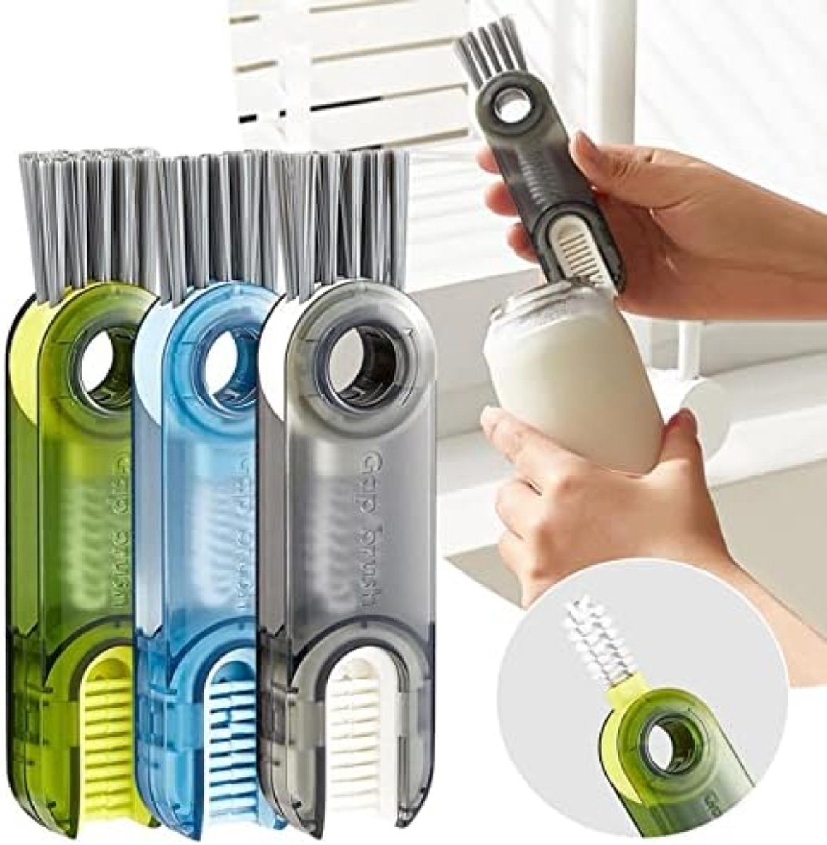Image of 3-in-1 Multifunctionele Reinigingsborstel Set voor Flessen, Bekers en Keukengerei - Handmatige Schoonmaakborstel met Ergonomisch Handvat voor Dieptereiniging