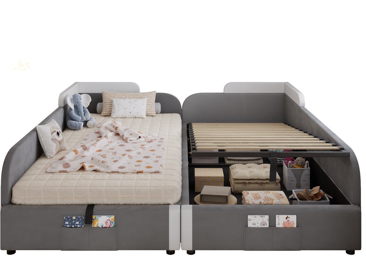 Merax Gestoffeerd Kinderbed 90x200 – Set van 2 Eenpersoonsbedden met Hydraulische Opbergruimte en Verhoogde Zachte Veiligheidsrand – Fluweel Grijs