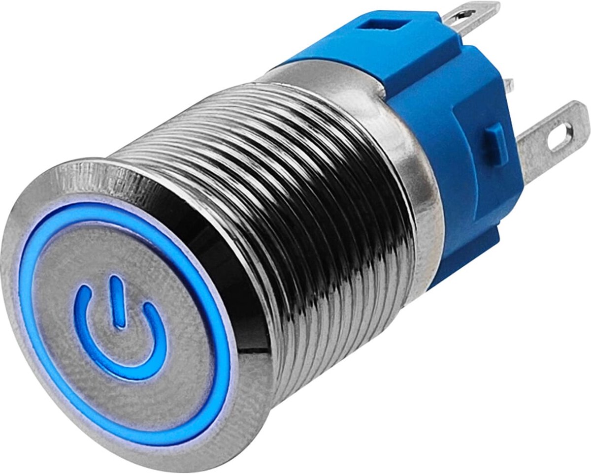 ProRide Metalen Drukschakelaar 12V ON-OFF - 16mm - Aan/uit schakelaar - Spatwaterdicht - 12V/24V - LED Indicatie Blauw