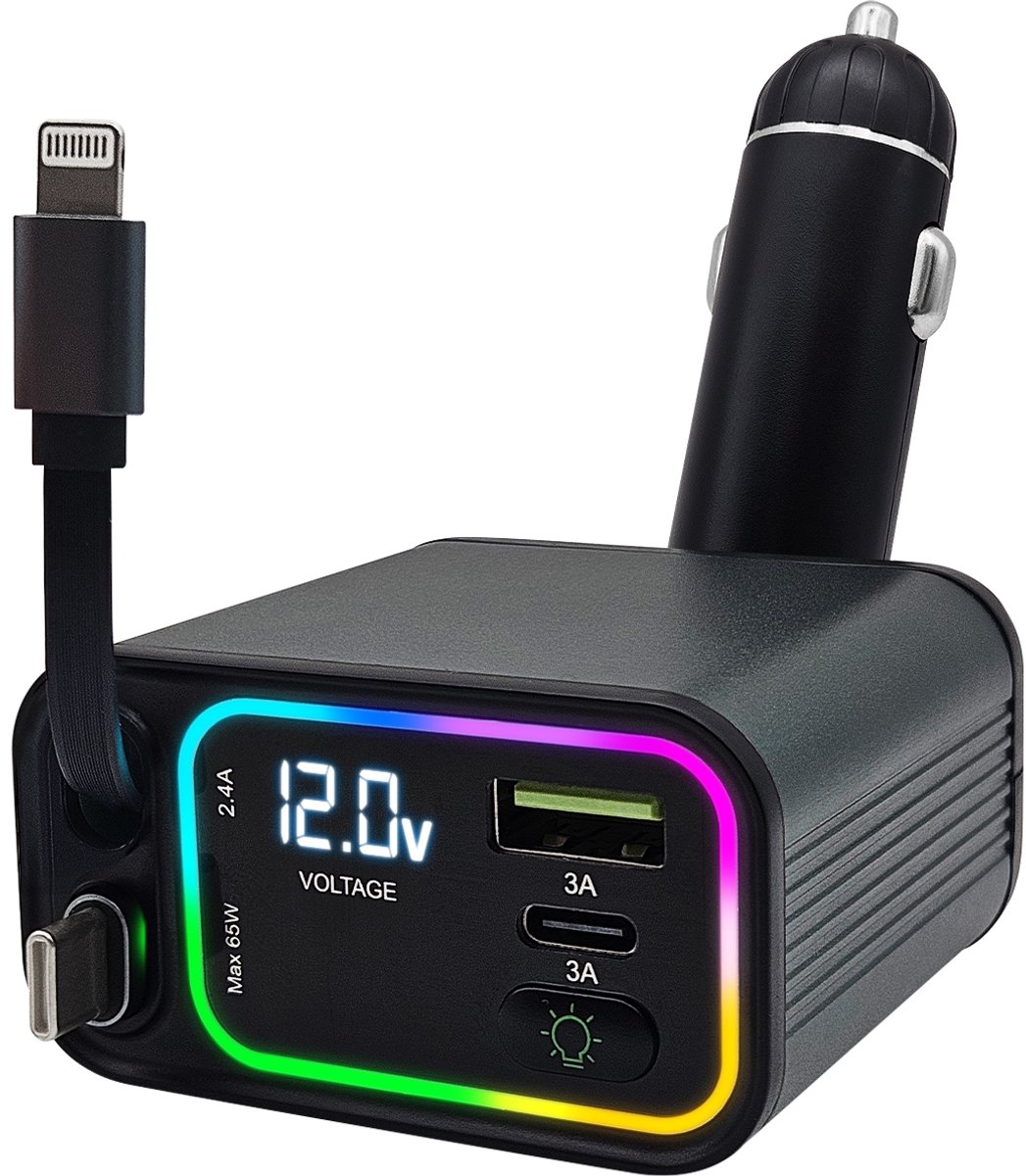 ProRide Autolader met Intrekbare USB Kabels en LED Verlichting - Snellader USB-C, 8-pins en USB-A