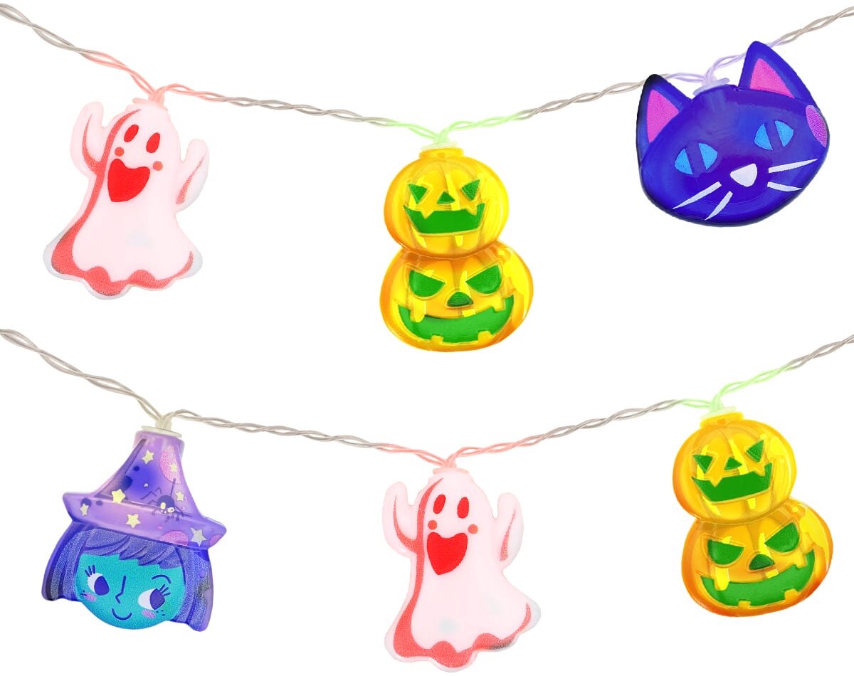 Halloween Lichtsnoer Gekleurd - 1.5 Meter - 10 LED Lampjes - Pompoen, Kat, Heks, Spook - Inclusief Batterijen - Gekleurd Licht