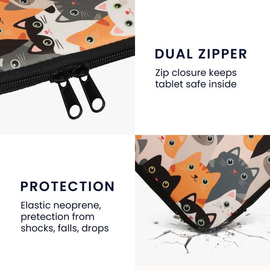 Zicht op de dubbele rits van de hoes met kattenpatroon, en een hoek die bescherming toont.