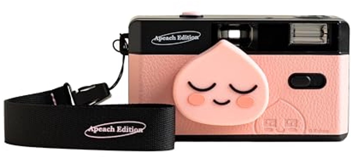 Kakao Friends herbruikbare 35 mm filmcamera [Apeach Edition], vaste focus en groothoek, ingebouwde flitser en compatibel met 35 mm kleurnegatief of B/W-film (film en batterij niet inbegrepen)