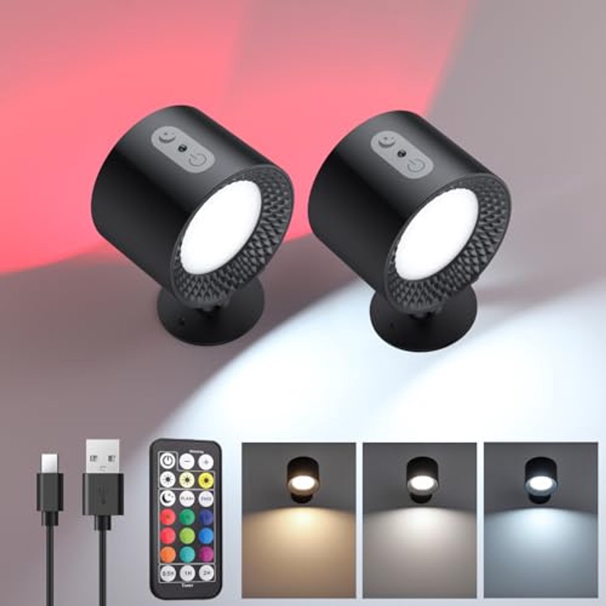 COLORLAM Led-wandlamp voor binnen, oplaadbare accu, wandlamp met afstandsbediening, RGB Touch Control, 360° draaibaar bedlampje met 3 kleurmodi, dimbaar, wandverlichting voor slaapkamer