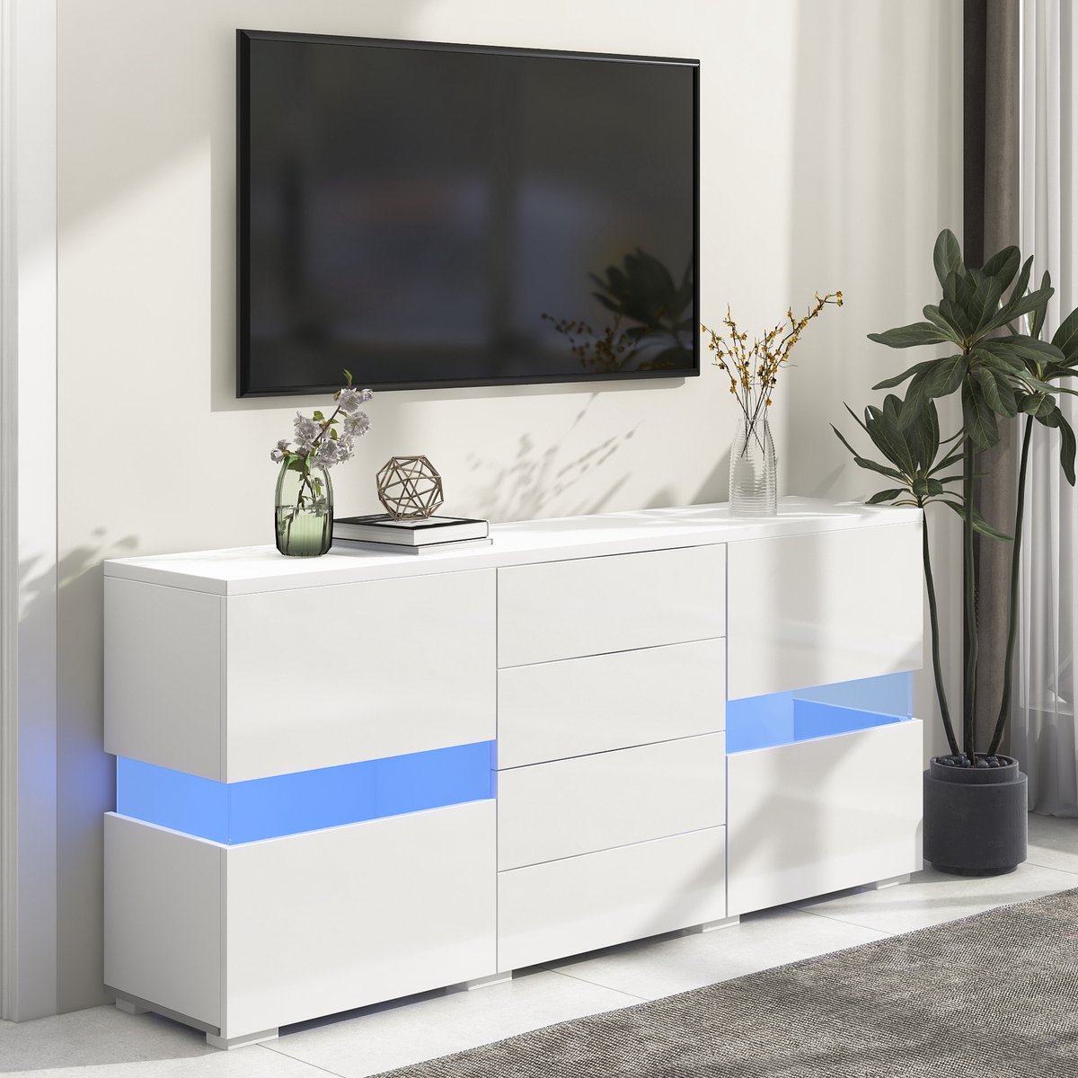 HAUSS SPOLE Dressoirs - TV Sideboard Met 4 Laden En 2 Deuren - Modern LED Hoogglans Design Voor Woonkamer - 140×35×72 cm - Spaanplaat - Wit