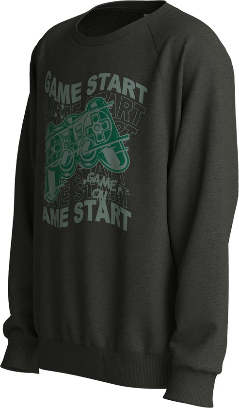 Donkergrijze sweater met print van een groene videogamecontroller en de tekst 'GAME START'.