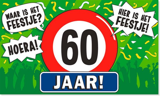 XXL feestvlag van 150x90cm, met groen ontwerp, nummer 60 in een rood stopbord, met confetti en tekst 'Hier is het feestje!' en '60 Jaar!'