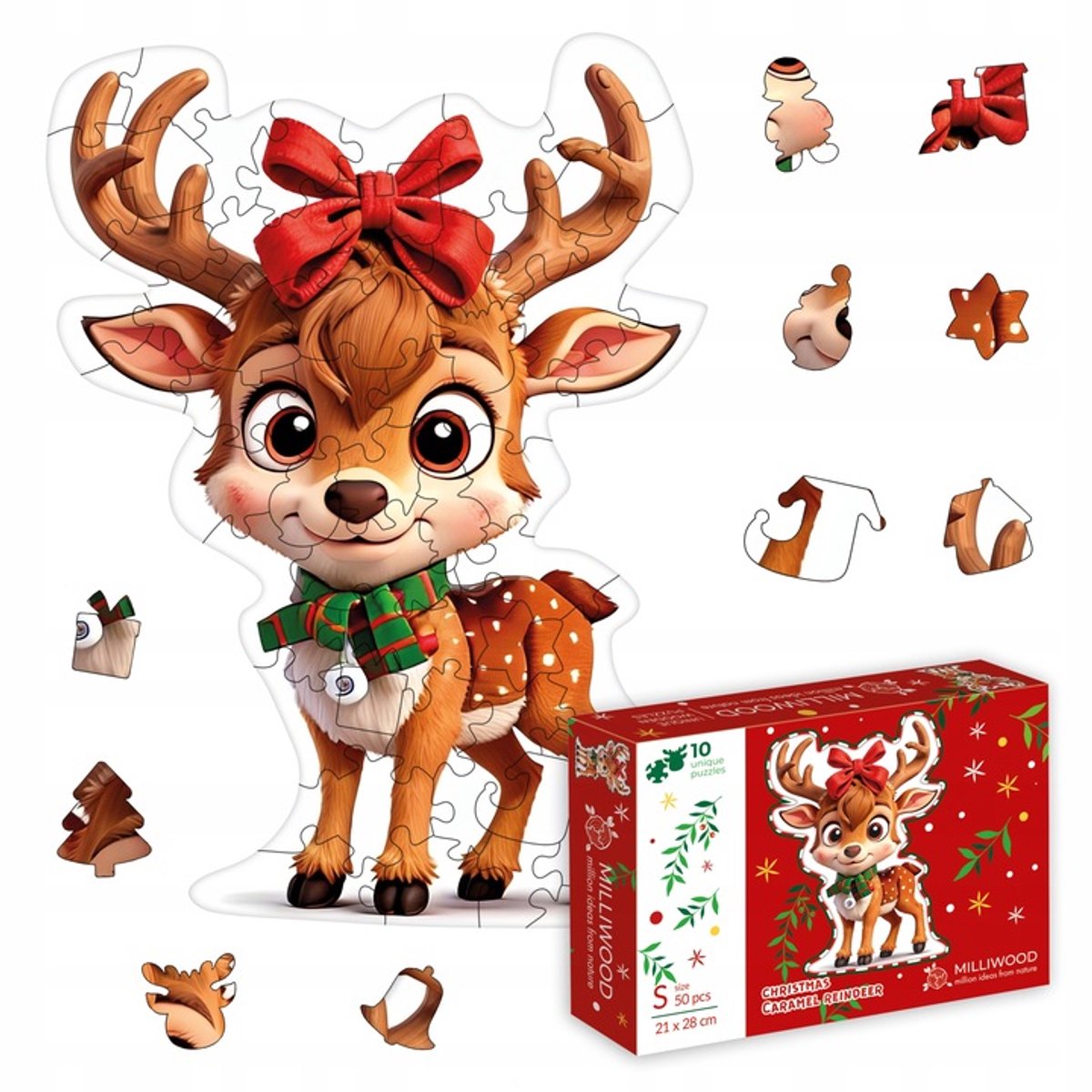 Houten Kerstpuzzel Milliwood Caramel Rendier 50 Stukjes
