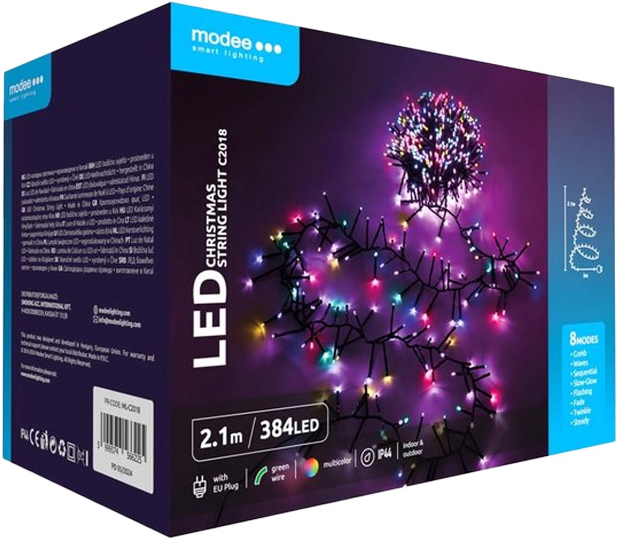 Modee Lichtsnoer Kerst 2.1 Meter - Buiten en Binnen - 384 LED Lampjes - Cluster Kerstverlichting - 8 Standen - Gekleurd RGB - Per stuk