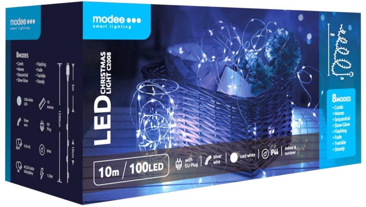 Modee Lichtsnoer Kerst 10 Meter - Kerstverlichting voor Buiten en Binnen - 100 LED Lampjes 8 Lichtstanden - IP44 - 10.000K - Koud Wit Licht - Per stuk